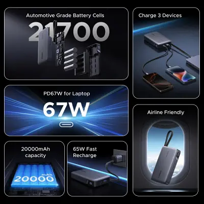 Батарея універсальна Ugreen 20000 mAh 67W Cable Space gray (U_55996B) - фото 9