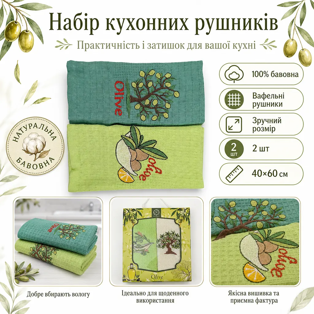 Набір вафельних рушників 2 шт 40x60 см Олива зелений/салат LoveYouHome - фото 3