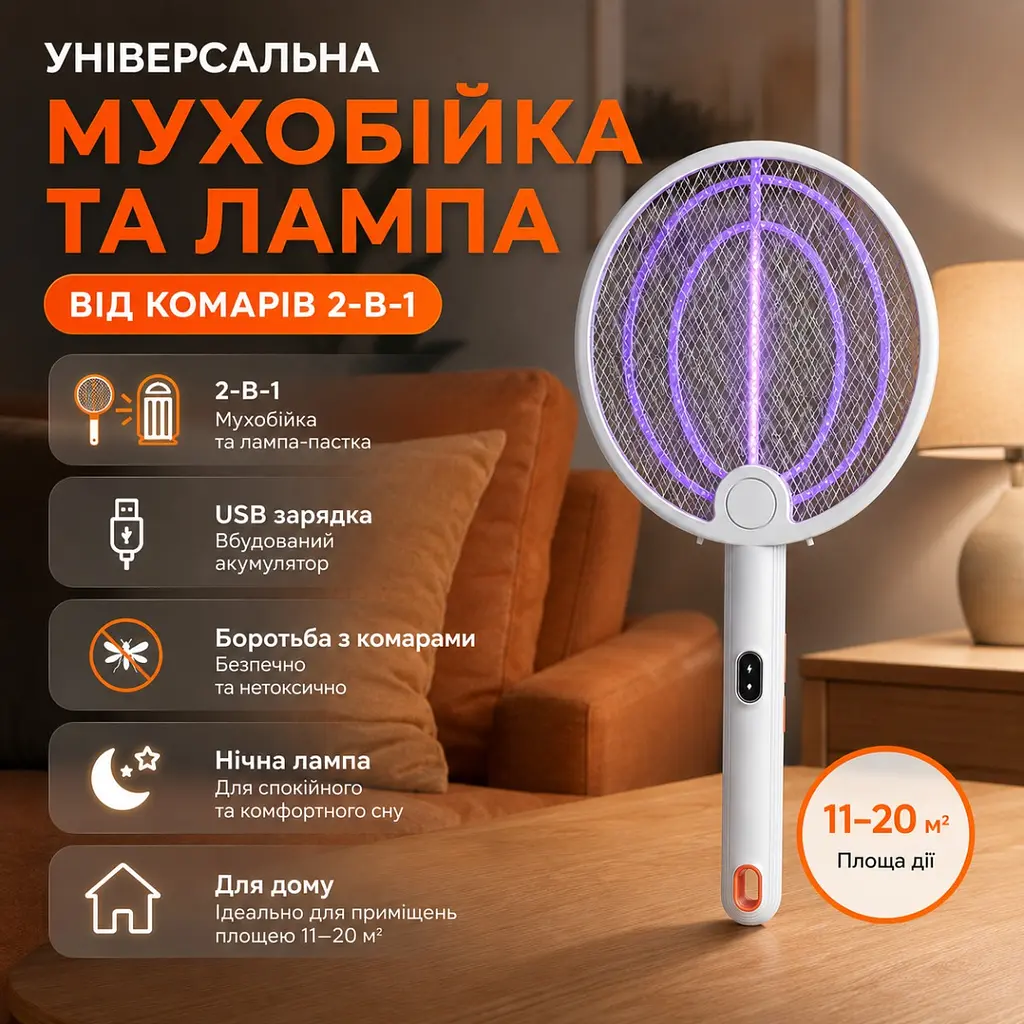 Електрична мухобійка від комарів USB 2 в 1, лампа-пастка для комах, знищувач мух і комарів - фото 6