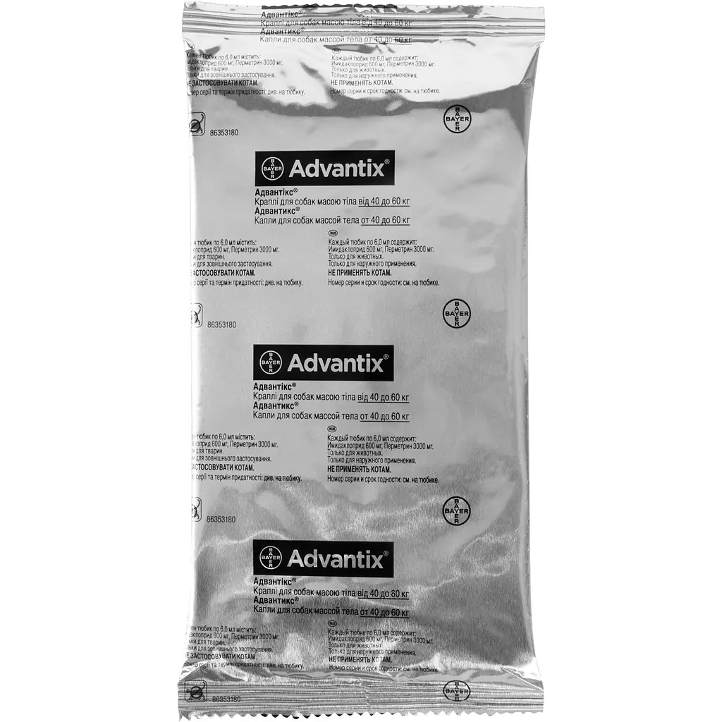 Краплі Elanco (Bayer) Advantix від бліх і кліщів для собак від 40 до 60 кг 24 мл  (6 мл x 4 піпетка) - фото 8