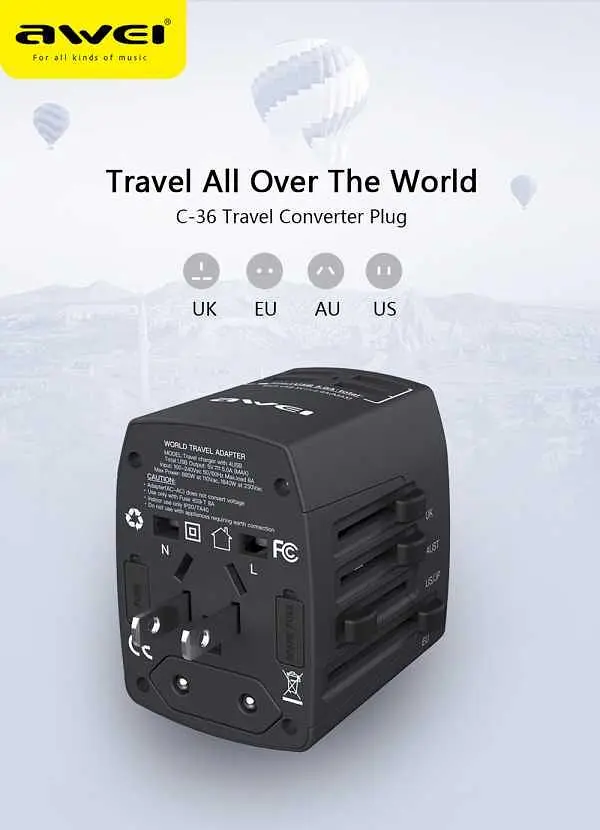 Універсальний адаптер зарядний Awei 4 USB AC Travel Adapter C-36 eu uk au us - фото 4