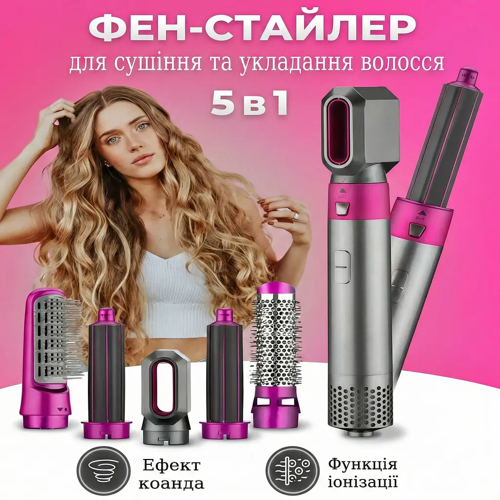 Стайлер для укладання волосся Hot Air Styler 5 в 1 з ефектом Коанда, 1000 Вт, 5 насадок, з кейсом - фото 2