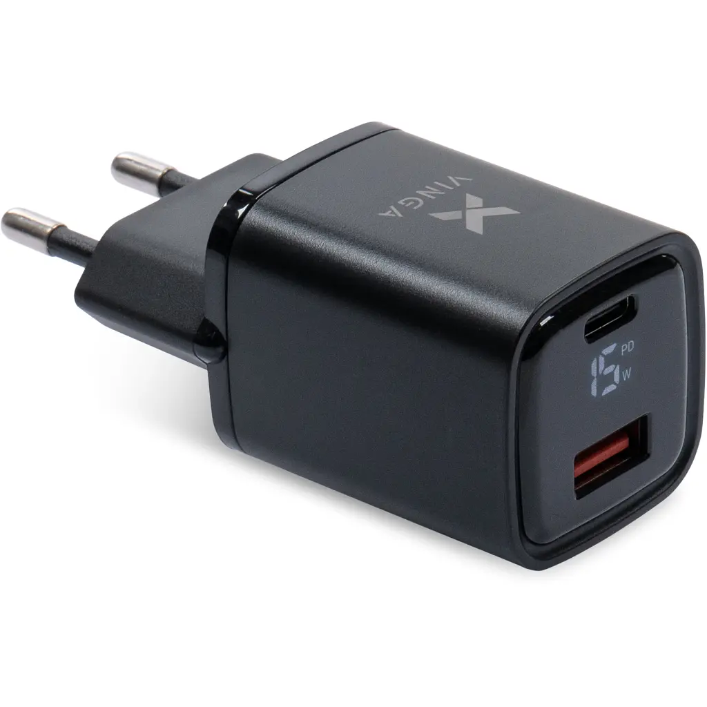 Зарядний пристрій Vinga USB-C PD 30 Вт + USB-A QC 30 Вт, дисплей, макс. 33 Вт (VCR30ACDB)