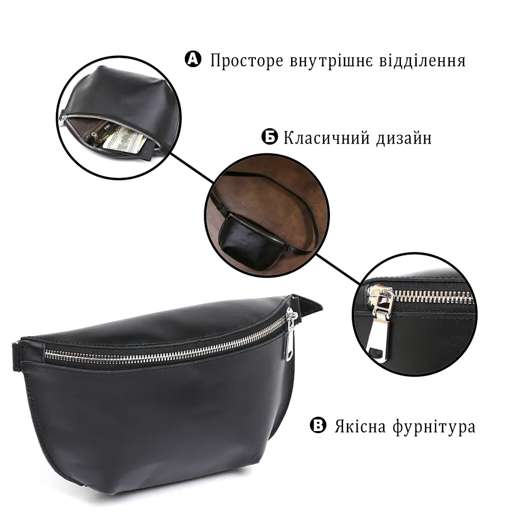 Сумка Shvigel Кожаная бананка Черная (16383) - фото 5