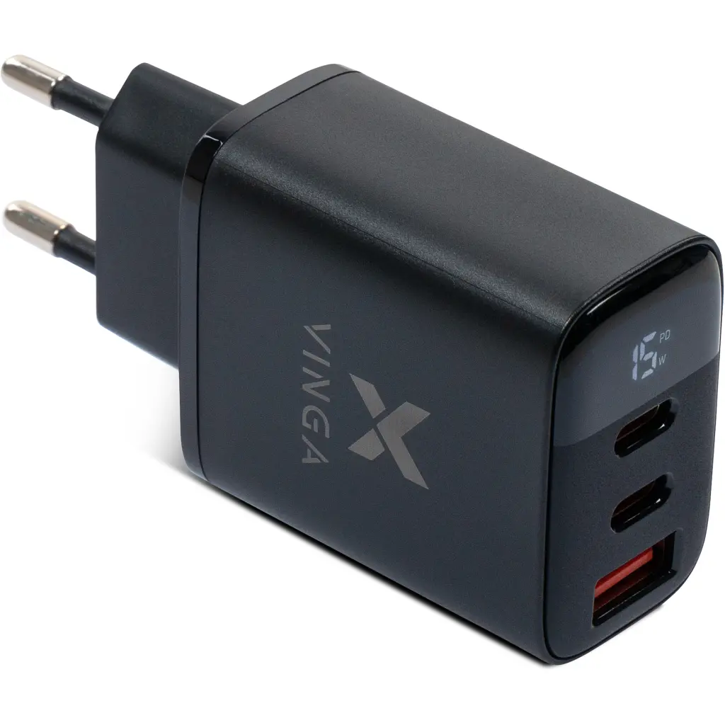 Зарядний пристрій Vinga 2xUSB-C PD 30 Вт + USB-A QC 30 Вт, дисплей, макс. 30 Вт (VCR30ACCDB)