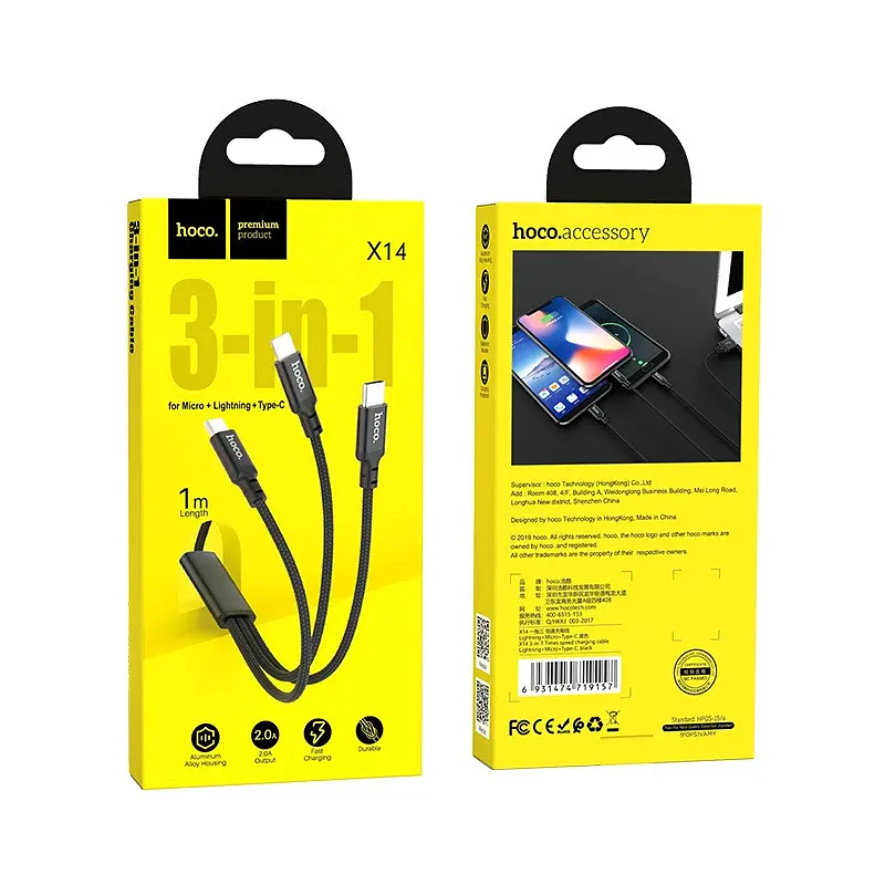 Кабель Hoco X14 3 in 1 Times speed charging cable iP+Micro+Type-C черный - фото 2