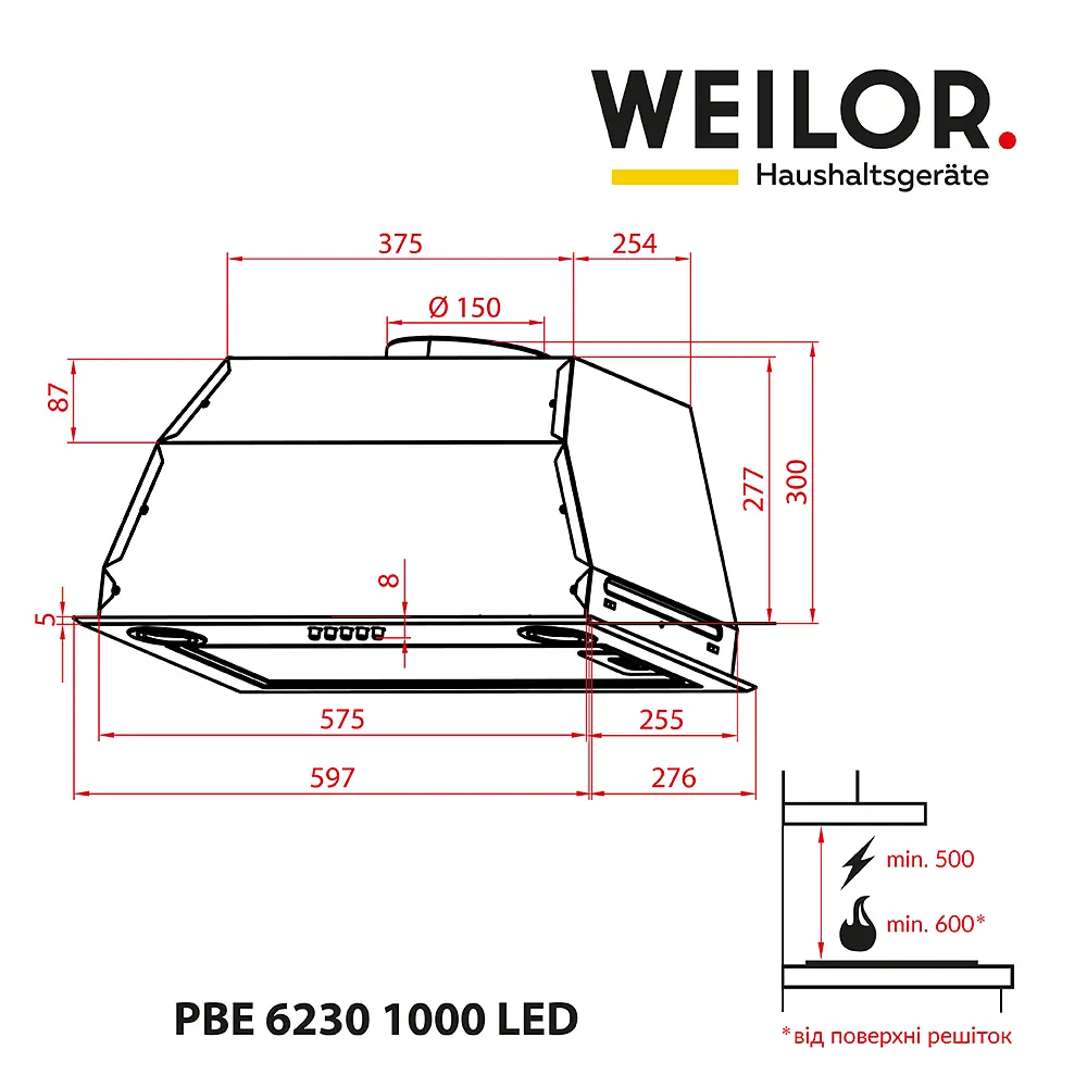 Витяжка повновбудована WEILOR PBE 6230 SS 1000 LED - фото 9