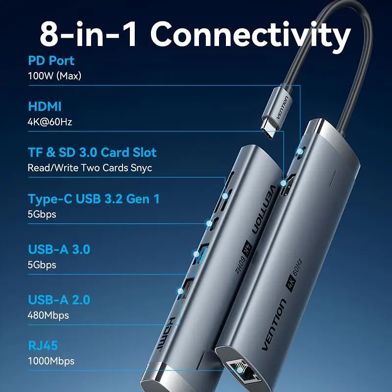 Док-станція USB3.2 Type-C --> HDMI 60Hz/USB 3.0/USB2.0/RJ45/SD/TF/PD 100W Hub 8-in-1 Vention - фото 4