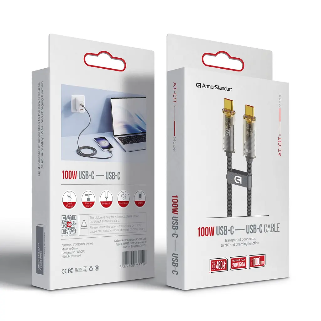 Кабель ArmorStandart AT-C1T USB Type-C to USB Type-C transparent 100W 1m Grey (ARM75871) - фото 2