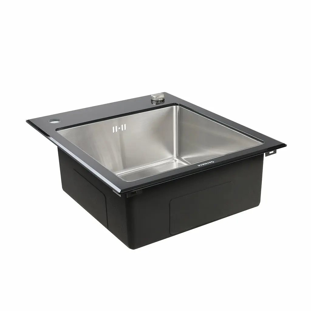 Кухонная стеклянная мойка Germece Handmade Black Glass (600x510x200), Черный - фото 3
