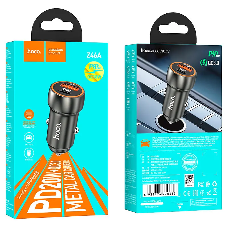 АЗП Hoco Z46A Blue whale PD20W + QC3.0 car charger Metal Gray - фото 3