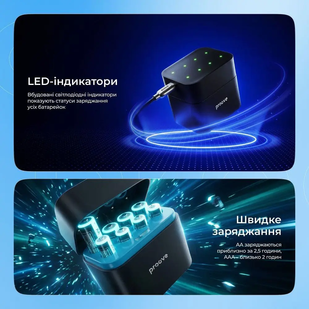 Зарядний пристрій Proove Compact Station + 4 АКБ AAA 3000 mWh + 4 АКБ АА 1300 mWh Black (RBCS00000001) [160080] - фото 4
