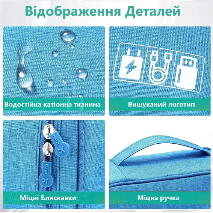 Сумка для проводів та кабелів Синя, органайзер для зарядок з комірками - фото 3