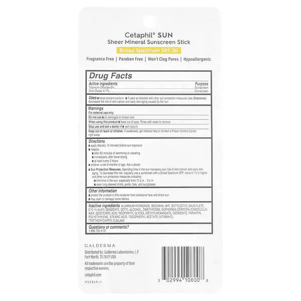 Сонцезахисні засоби Sheer Mineral Sunscreen Stick SPF 50 14 g Cetaphil vit0004909 - фото 2