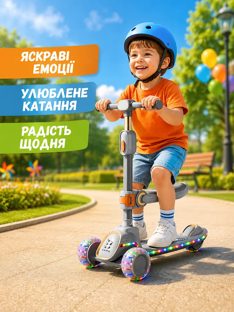 Дитячий самокат триколісний 2в1 сірий із сидінням підсвічуванням коліс і музикою (49675956) - фото 8