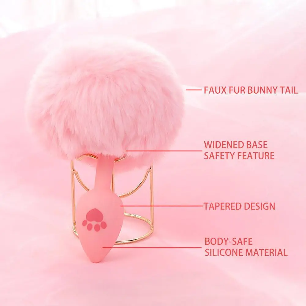 Силіконова анальна пробка з пухнастим хвостом кролика та принтом лапки 2.8 см Рожева - фото 4
