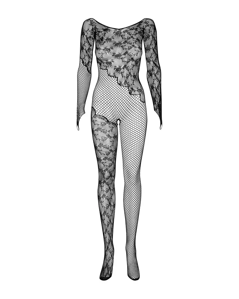 Бодістокінг Obsessive Bodystocking F210 S/M/L black, рукава-мітенки, сітка, кольорове мереживо - фото 6