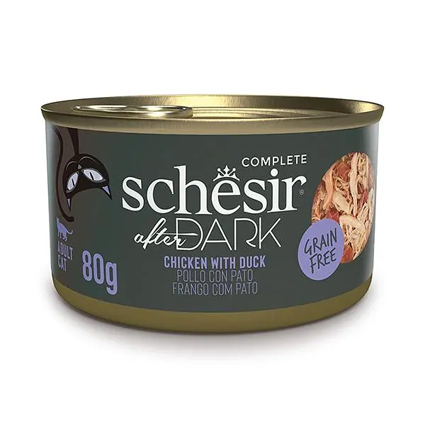 Повнораціонний беззерновий вологий корм для котів Schesir After Dark Chicken With Duck Шезір курка з качкою в бульйоні натуральні консерви банка 80 г (212313)