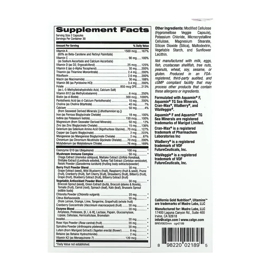 Мультивітамінний комплекс для жінок California Gold Nutrition Ultamins Wooman Multivitamin 60 капсул - фото 2