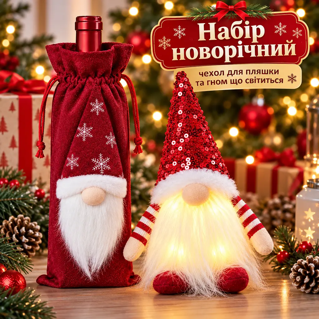 Набір новорічний чохол для пляшки та гном що світиться різдвяний декор подарунковий набір - фото 2