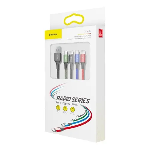 USB кабель Baseus Fast 4-in-1 Cable For lightning(2)+Type-C+Micro 3.5A 1.2M чорний CA1T4-A01 - фото 2