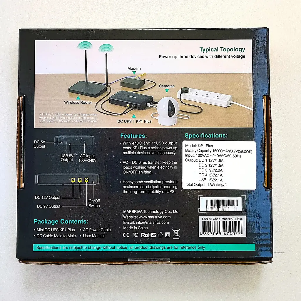 Міні ДБЖ для роутера Marsriva KP1 Plus 240VAC, 4хDC+USB OUT, 2x5V/9V/2x12V1.5A 18W 16000Ah Li-Pol - фото 9