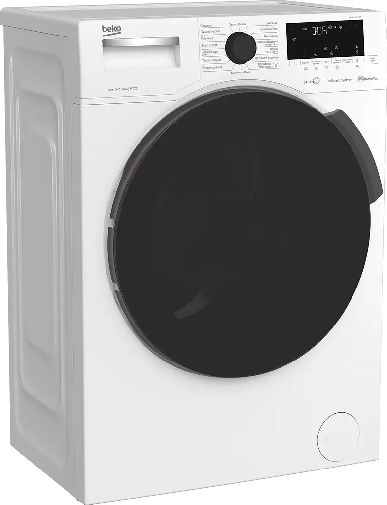 Пральна машина Beko з фронтальним завантаженням WUE8616XBCW, 8кг, 1400, A+++(-10%), Пара, 55см, Дисплей, Інвертор, Білий (WUE8616XBCW) - фото 2