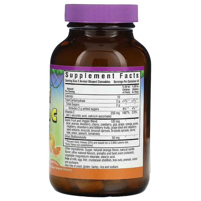 Витамин С Bluebonnet Nutrition Super Earth Rainforest Animalz Vitamin C для детей со вкусом апельсина 90 жевательных конфет - фото 2