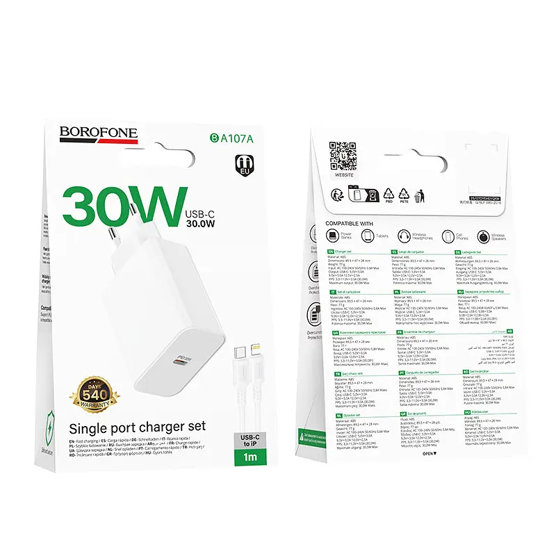 Мережевий зарядний пристрій BOROFONE BA107A Stellar single port PD30W charger set (C to iP) (EU) Білий - фото 2