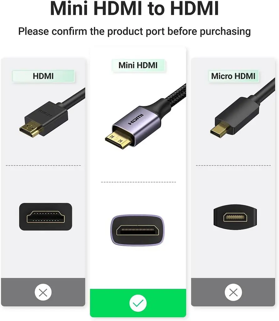Кабель Ugreen Mini HDMI штекер to HDMI 2.0 разъем 4K 60Hz 25CM Space Gray Aluminum Shell Braided (90593) - фото 2