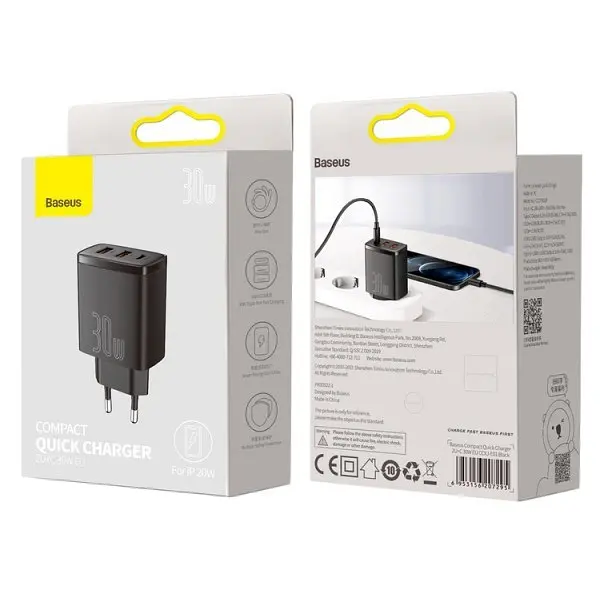 Мережевий зарядний пристрій Baseus Compact Quick Charger 2USB + 1Type-C 30W CCXJ-E01 Black - фото 7