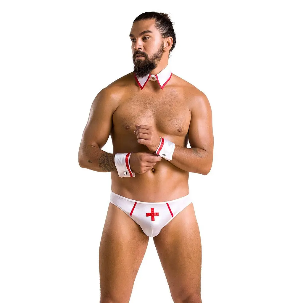 Комплект еротичної чоловічої білизни Passion 037 GREGORY XXL/XXXL White, труси, комірець, манжети - фото 3