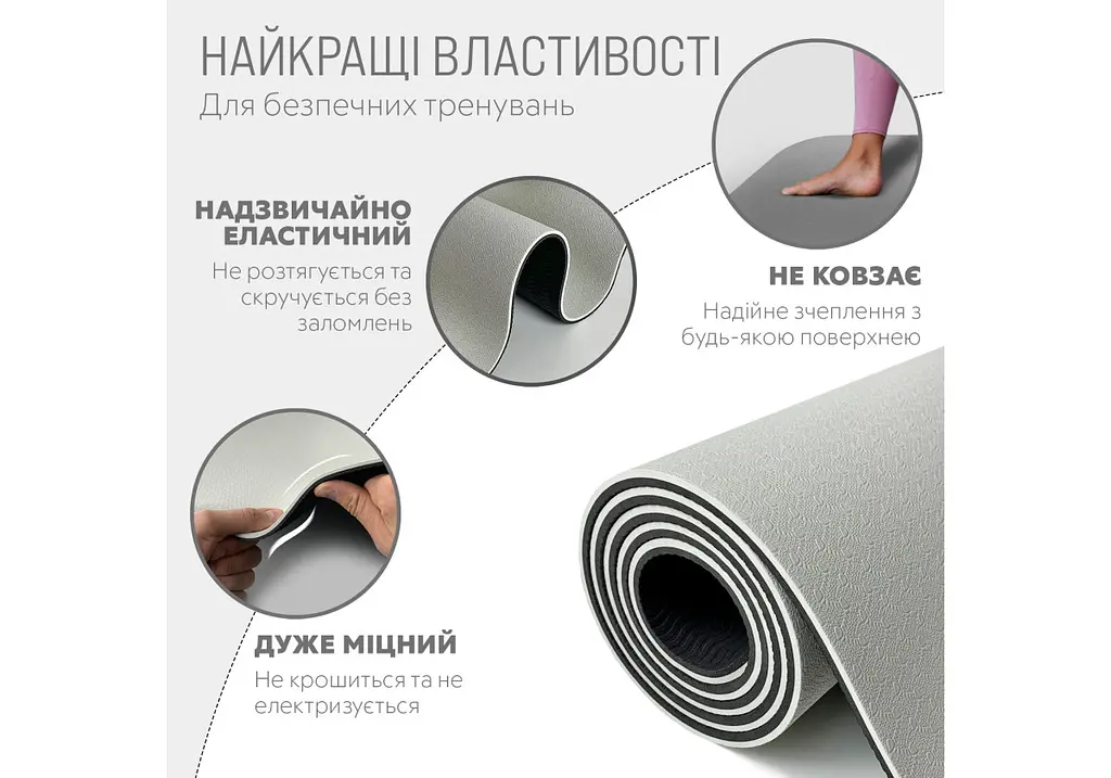 Килимок для йоги та фітнесу EasyFit TPE+TC 6 мм двошаровий сірий-чорний (EF-1924-GYBK) - фото 3