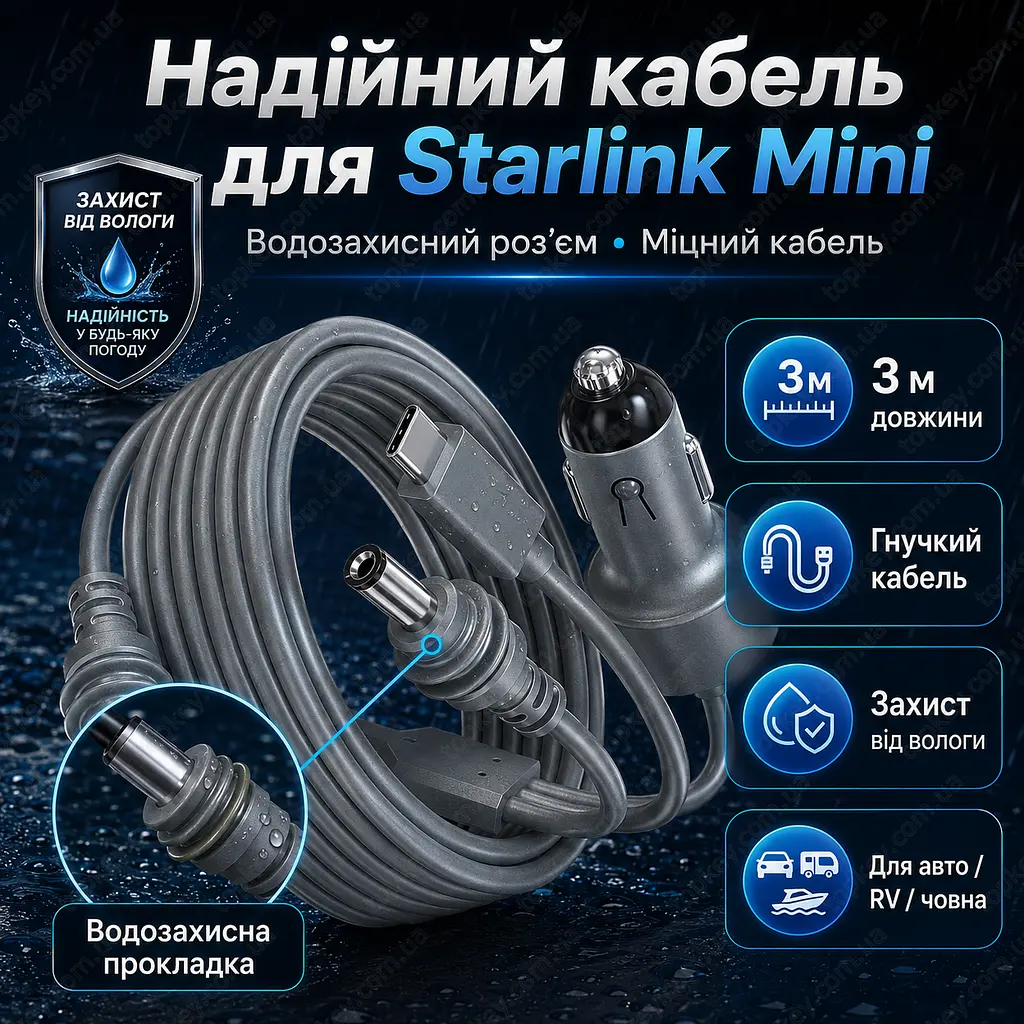 Кабель живлення Starlink Mini 3 м 3-в-1 USB-C / DC / прикурювач до 100W - фото 9