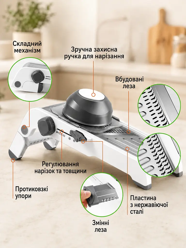 Регульована тертка-шатківниця для овочів / Овочерізка Smart Multifunctional Mandoline Slicer / Механічний подрібнювач універсальний кухонний - фото 4