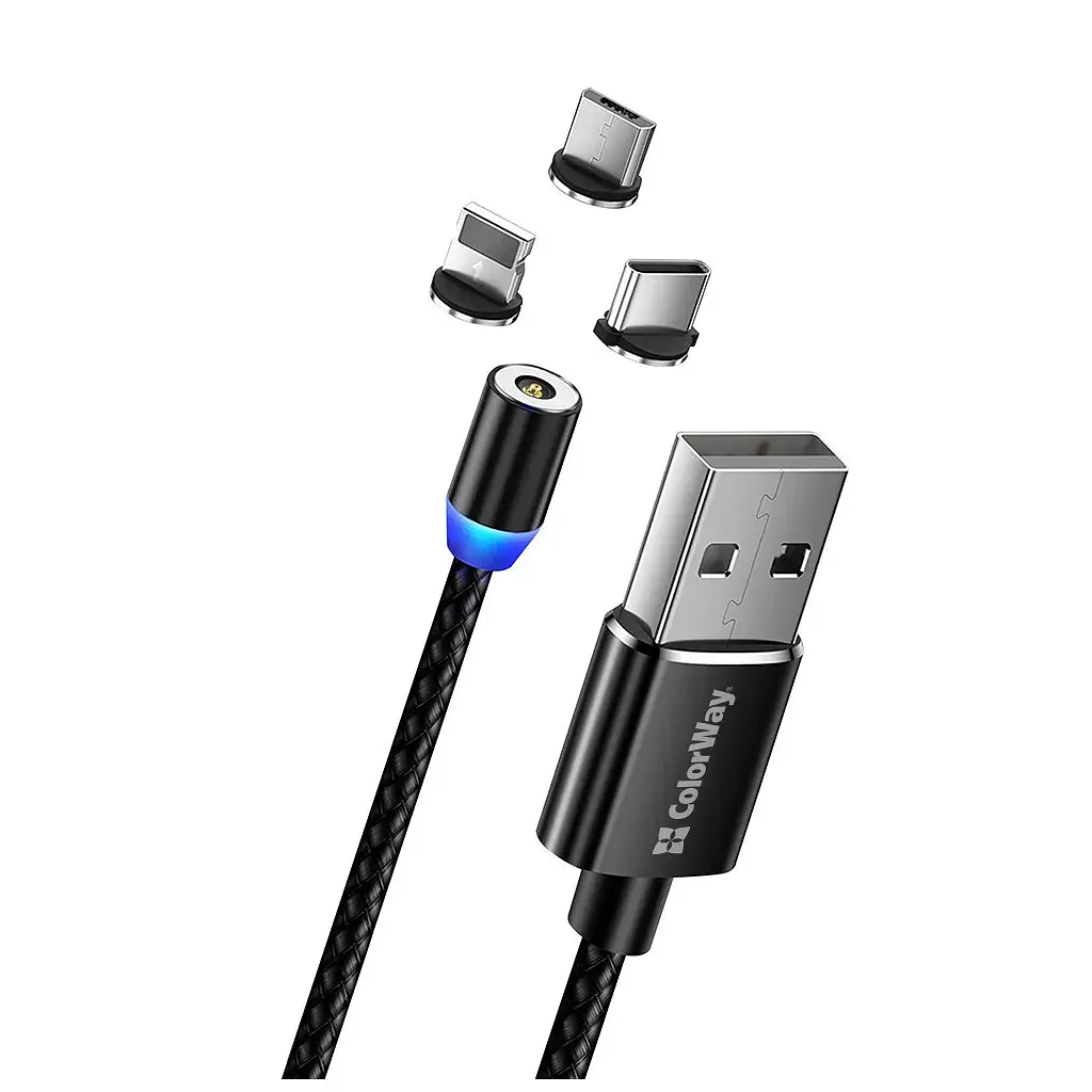 Дата кабель USB 2.0 AM to Lightning + Micro 5P + USB-C 1.0m Magnet only charge ColorWay (CW-CBUU020-BK) - фото 4