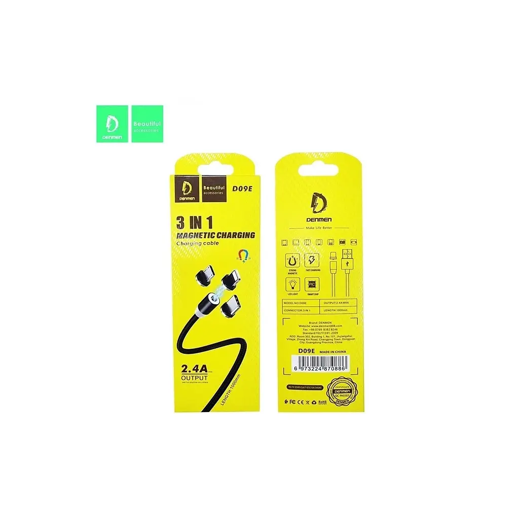 Дата кабель USB 2.0 AM to Lightning + Micro 5P + Type-C magnetic black Denmen (DN-D09E-BK) - фото 3