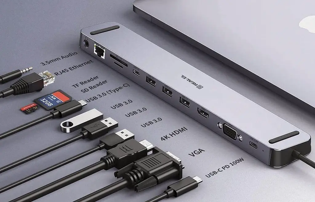 USB-Хаб Real-EL CQ-1000 USB3.0х3/USB-C/HDMI/VGA/RJ45/SD/TF/3.5 mm audio, 0.4m, Space Grey UAH (EL123110005) - фото 7
