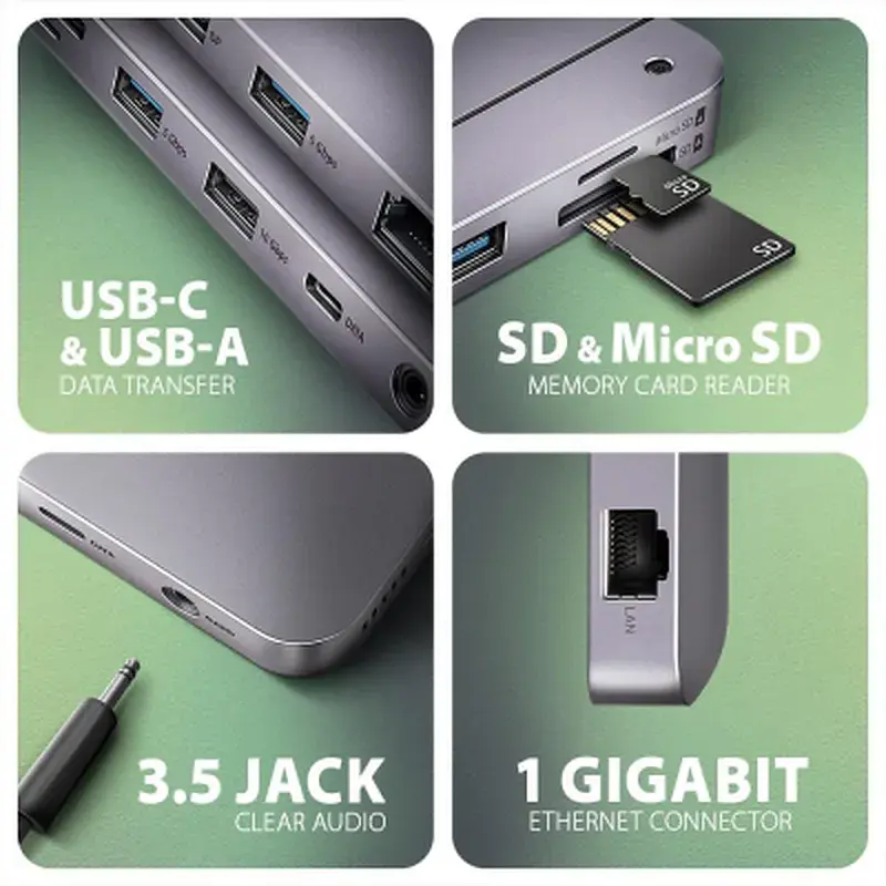 Концентратор AXAGON USB-C 12-in-1 HDMI + DisplayPort + RJ45 1000Mbps + PD100W aluminum gray (HMC-12GM2) - фото 4