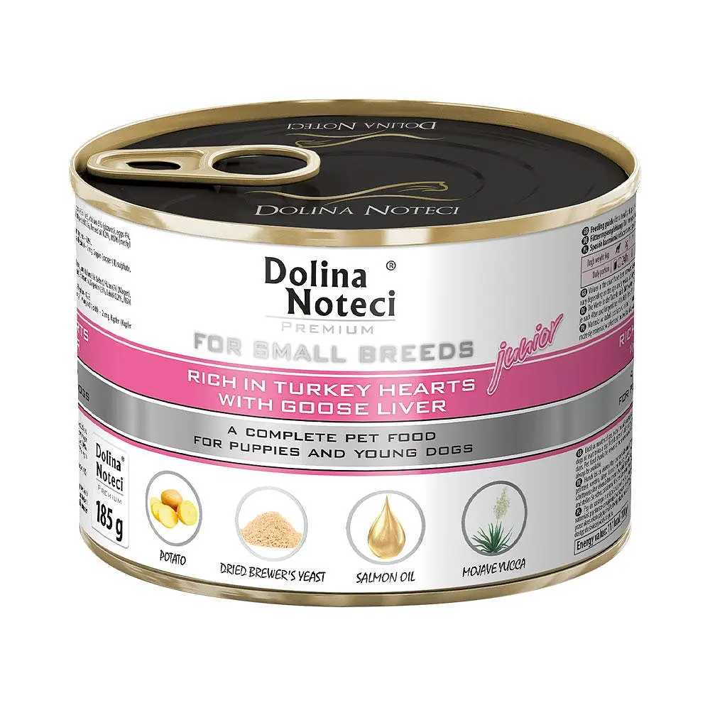 Вологий корм для цуценят,юніорів собак маленьких порід Dolina Noteci Premium з серцем індички та гусячою печінкою 185 г