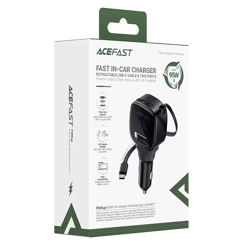 АЗП Acefast B17 PD30W+QC3.0 total 95W 1USB-A/1C with retractable cable Type-C Black - фото 4