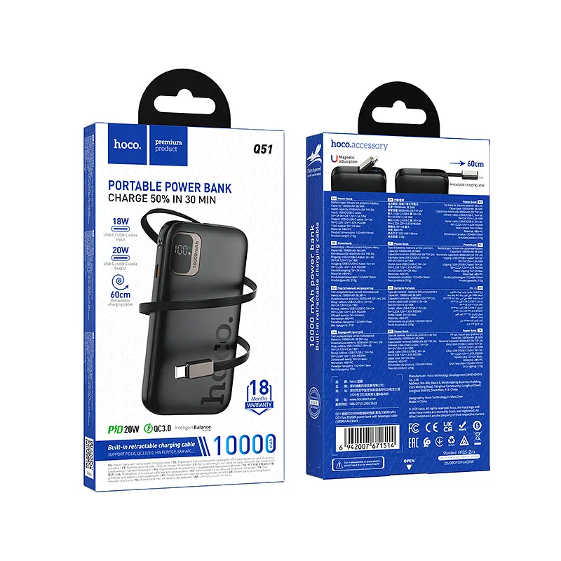 Зовнішній акумулятор HOCO Q51 Key PD20W power bank with telescopic cable(10000mAh) Black (6942007671514) - фото 2