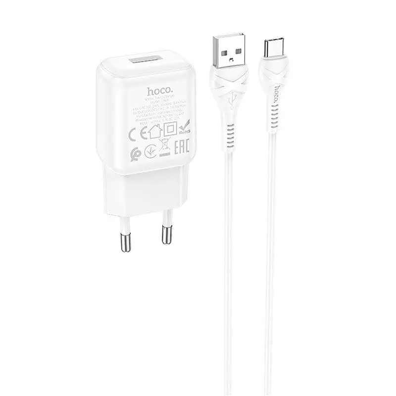 Адаптер живлення мережевий HOCO C96A 1*USB-A 2.1 A білий набір із кабелем Type-C - фото 2