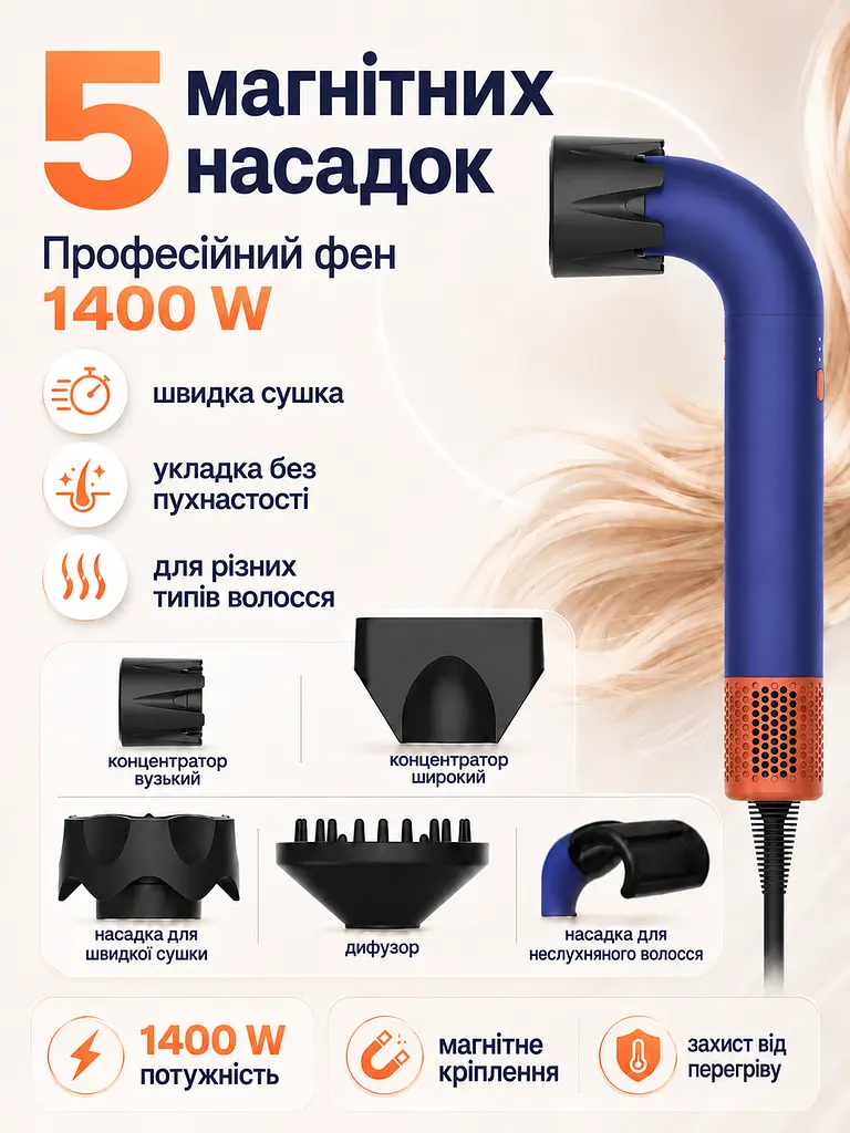 Професійний фен синій 1400 W з 5 магнітними насадками, іонізацією та холодним обдувом (49675928), Синій - фото 2