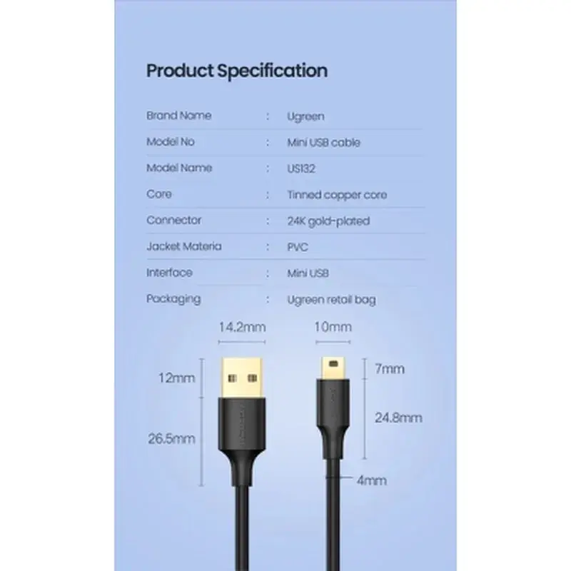 Дата кабель USB 2.0 AM to Mini 5P 1.0m US132 black Ugreen (10355) - фото 9