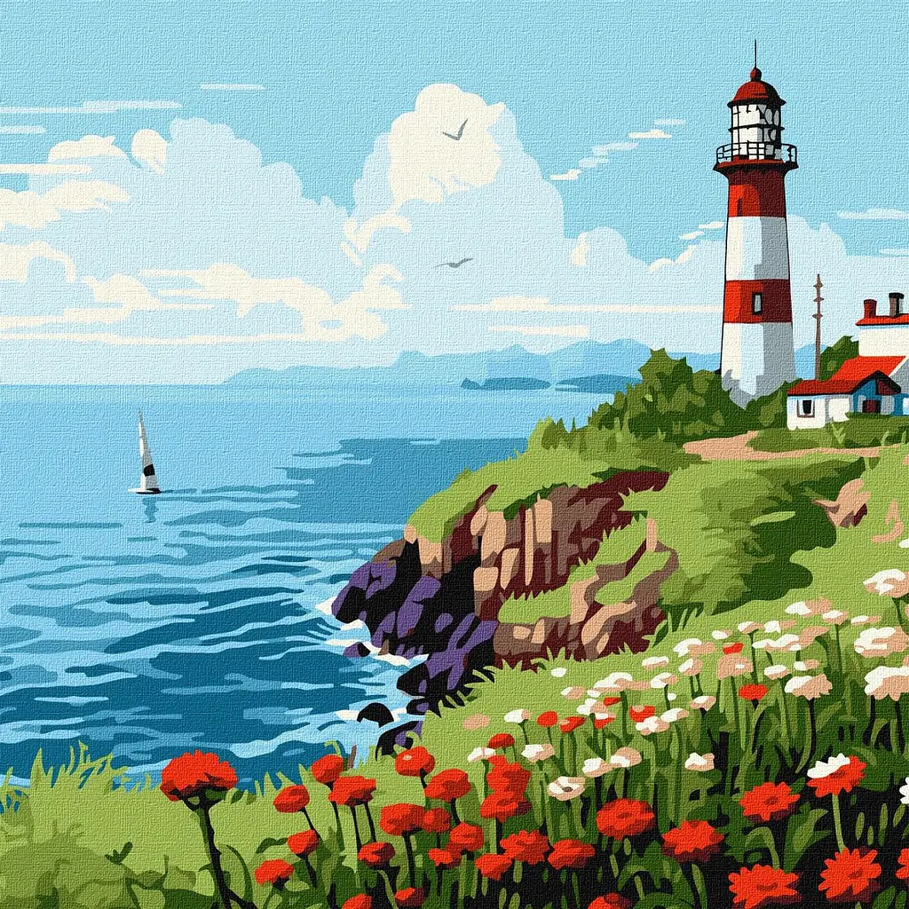 Картина за номерами Пейзаж. Маяк з квітами 30x30 см Ідейка KHO 2788