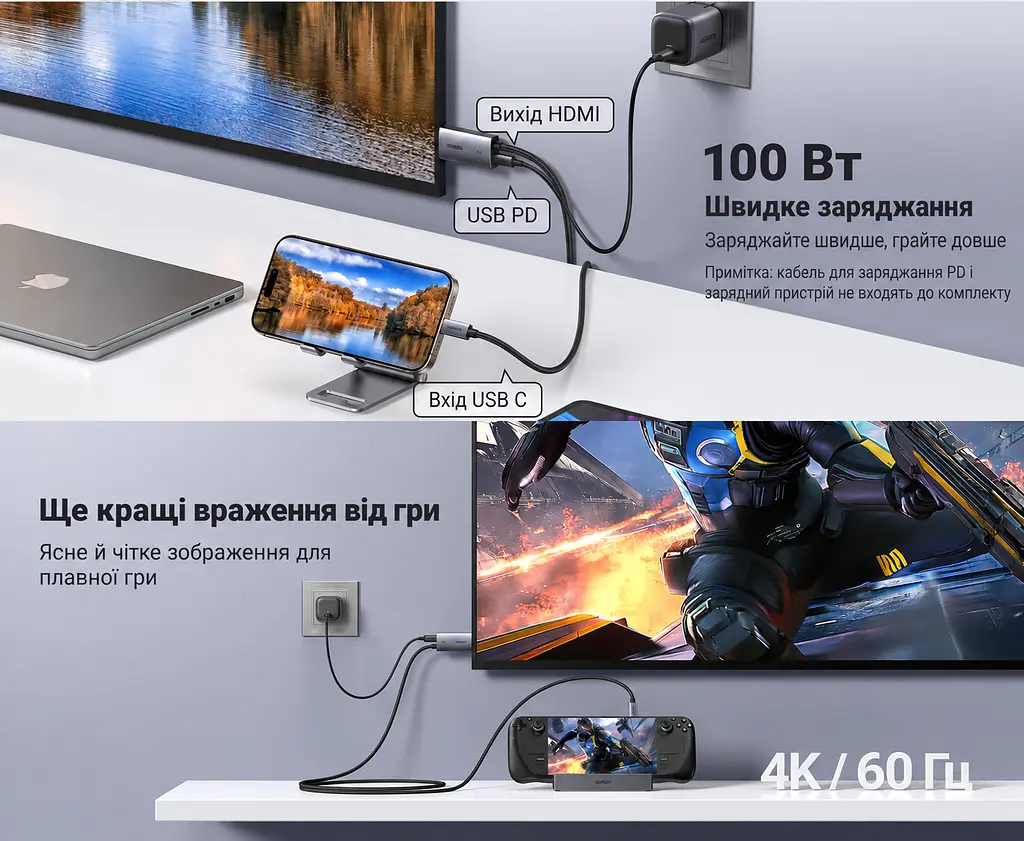 Відеокабель UGREEN CM675 USB-C - HDMI 4K 60 Гц PD 100 Вт 2 м сіро-чорний (55330) - фото 8