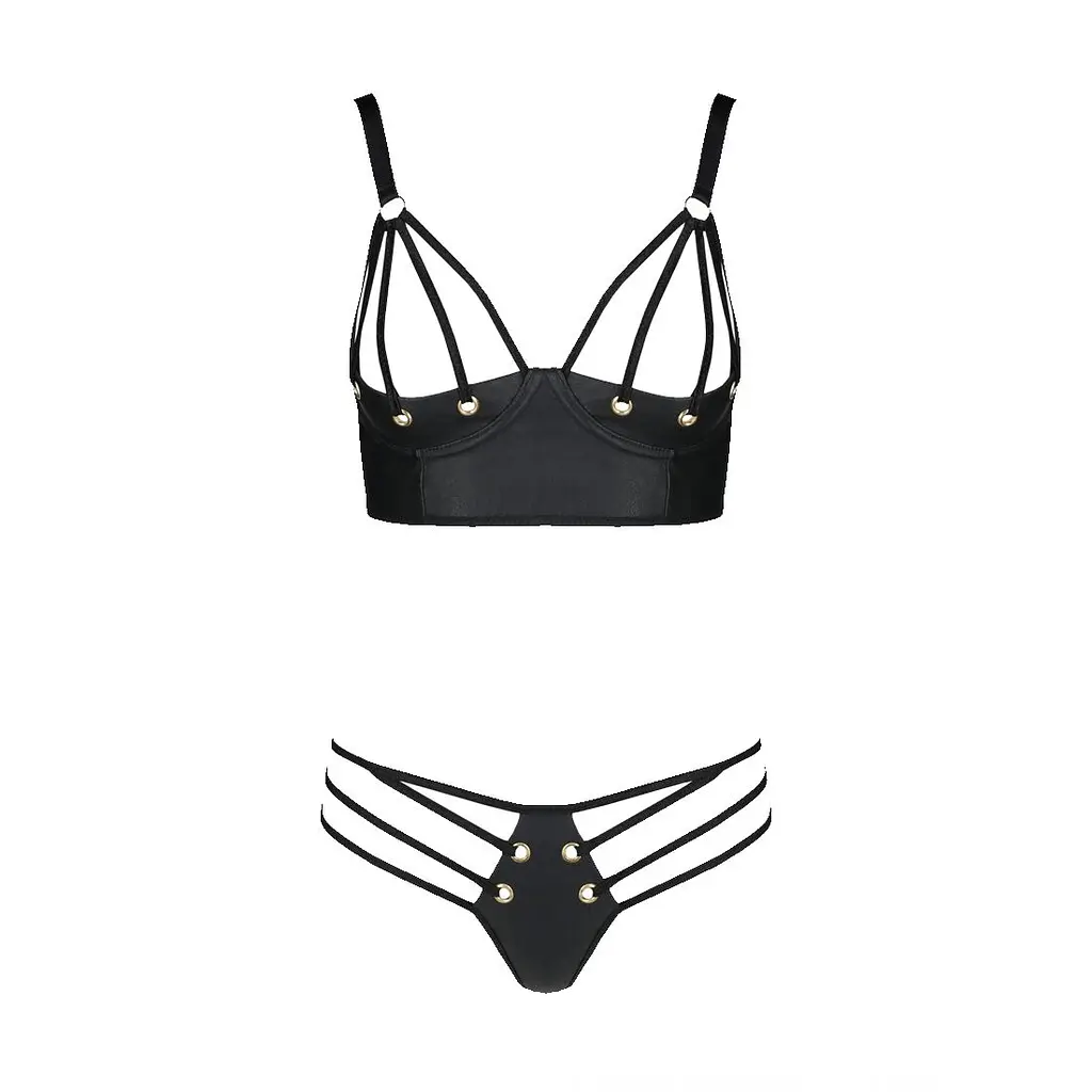 Комплект з екошкіри Passion MALWIA BIKINI 6XL/7XL black, з люверсами та ремінцями, бра, трусики - фото 3