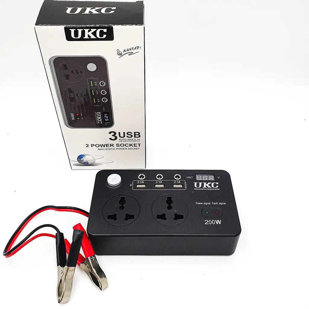 Автоінвертор-перетворювач 12 V-220 V 200 W з екраном, 3 USB-порти, 2 розетки, 3 порти 5.5х2.5 UKC 7064 - фото 9