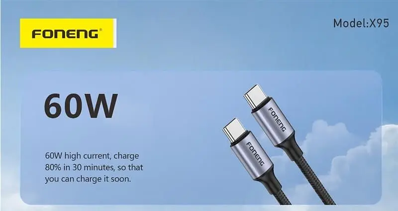 Кабель Foneng X95 Metal Head Braided Cable USB-C - USB-C (M/M) 60W 1.2 м Black (X95-CA-TCTC) - фото 2